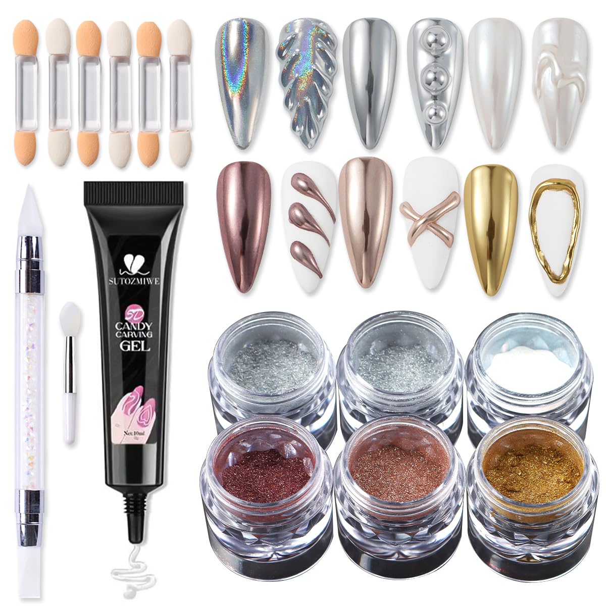 Chrome Nail Powder and 3D Nail Gel Kit, Metallic Mirror Glitter Effect Chrome Powder For Nail Art, Holographic Aurora Iridescent Dip Dust Pigment and 10g Sculpting Gel Set for Nail Decor DIY-Velvo Beauty