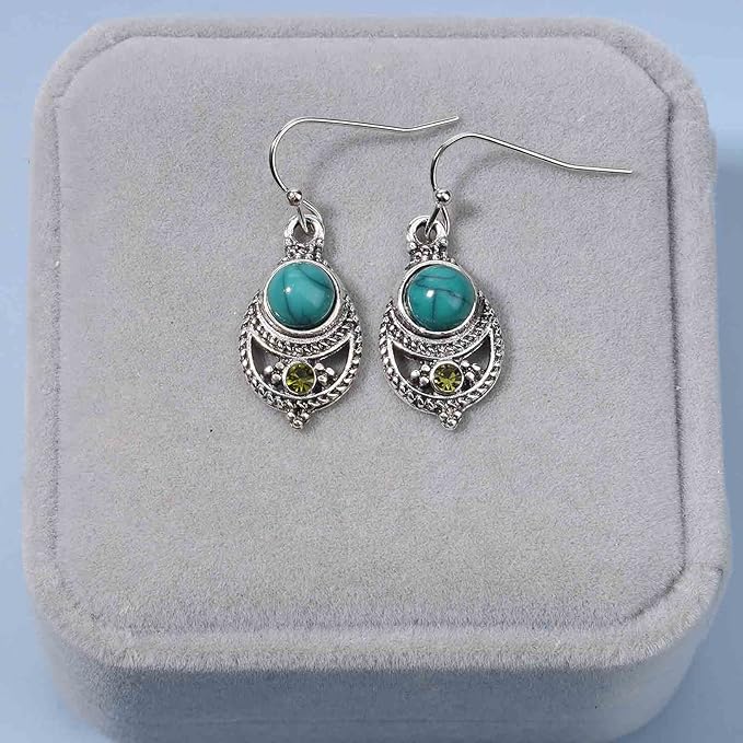 Boho Ethnic Turquoise Drop Earrings Silver Teardrop Turquoise Earrings Gemstone Hook Earrings Retro Drop Dangle Earrings Jewelry for Women and Girls-Velvo Beauty