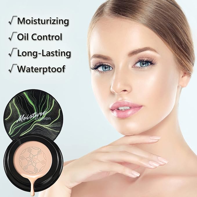 Mushroom Head Air Cushion CC Cream Foundation,QIUFSSE Mushroom Head Foundation BB Cream Makeup Foundation Concealer Brighten Long-lasting Oil Control and Moisturizing-Natural-Velvo Beauty