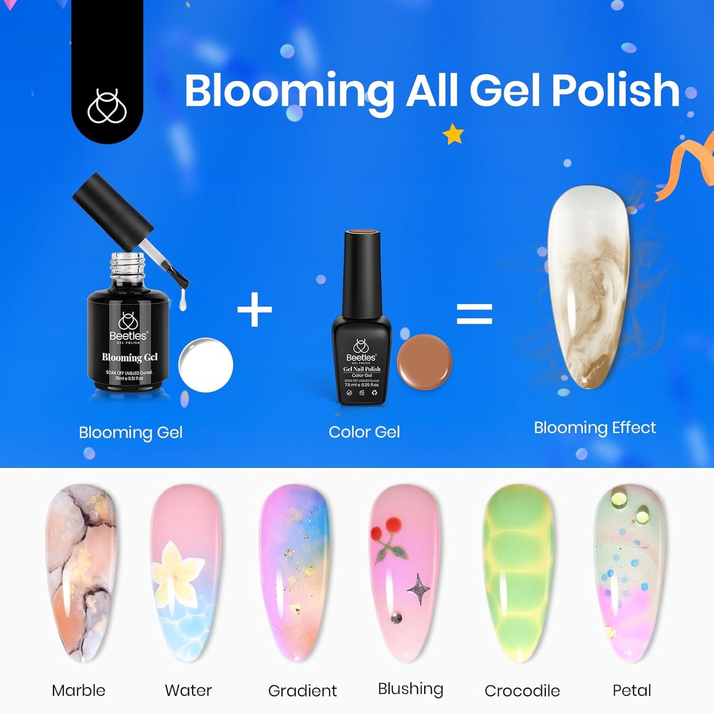 Beetles Blooming Gel & Base Top Coat Set, 3PCS 15ML Shine Finish Long Lasting No Wipe Top Coat Gel Nail Polish Base Spreading Marble Effect Soak off UV LED Nail Art Gifts for Women-Velvo Beauty