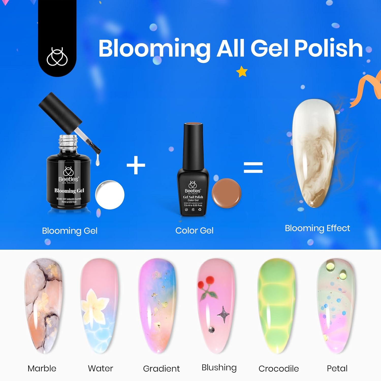 Beetles Blooming Gel & Base Top Coat Set, 3PCS 15ML Shine Finish Long Lasting No Wipe Top Coat Gel Nail Polish Base Spreading Marble Effect Soak off UV LED Nail Art Gifts for Women-Velvo Beauty