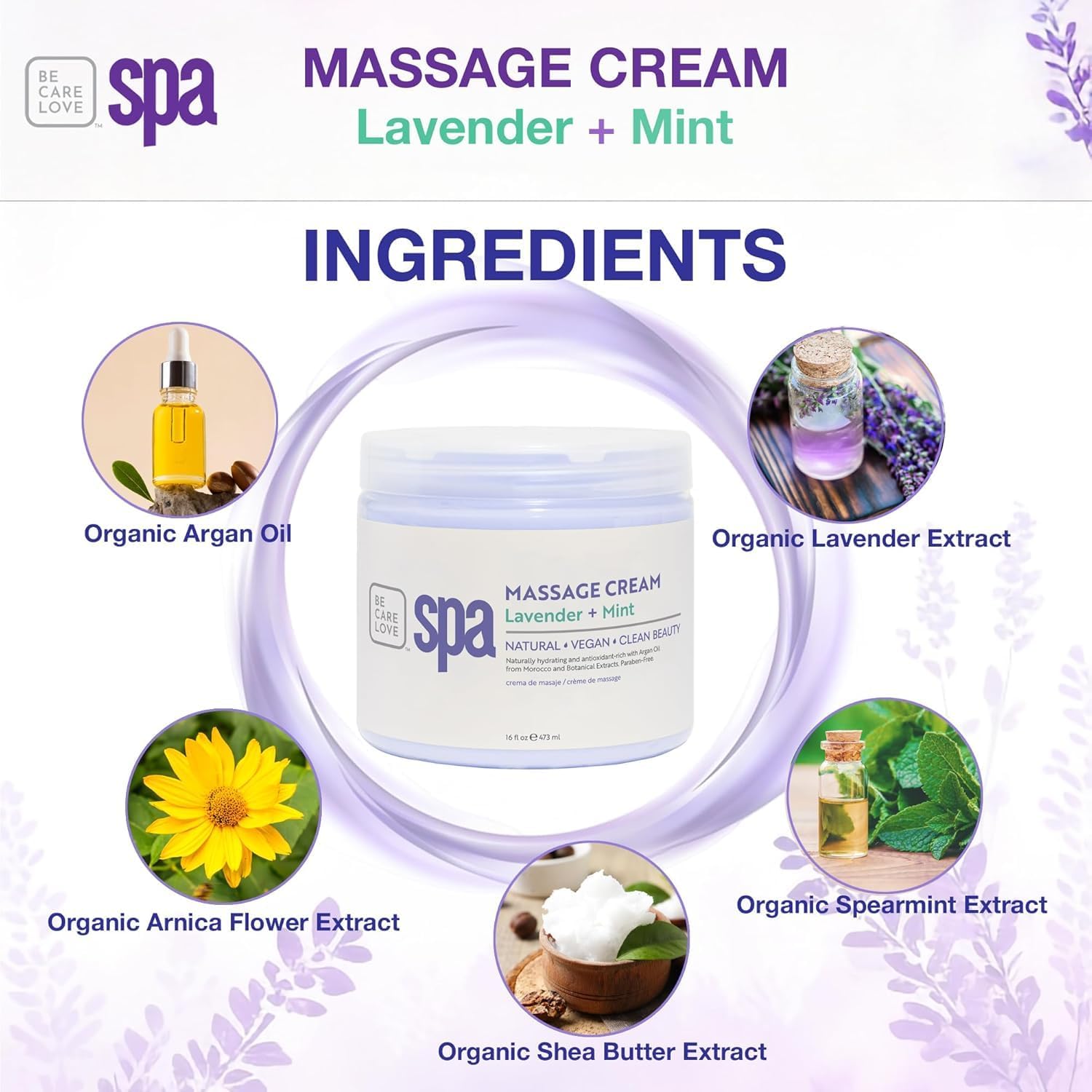 BCL SPA Massage Cream - Body Lotion & Body Cream with Organic Lavender + Mint, Shea Butter, Kelp, Arnica, Aloe Vera, Argan and Jojoba Oils - Calm, Moisturize and Soothe skin. Home/Pro Use 16 fl oz-Velvo Beauty