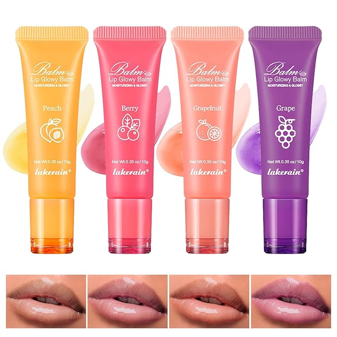 4Pcs Lip Glowy Balm | Lip Sleeping Mask | Plumping Lip Gloss | Tinted Lip Balm (Grape, Peach, Berry, Grapefruit)-Velvo Beauty