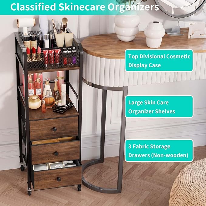 HapiRm Rolling Makeup Cart Organizer - Floor Skincare Make Up Storage with 3 Drawers, Vanity Organizer Cosmetic Display Cases Holder for Skin Care Perfume Nail Polish Brush Hair Tool-Velvo Beauty