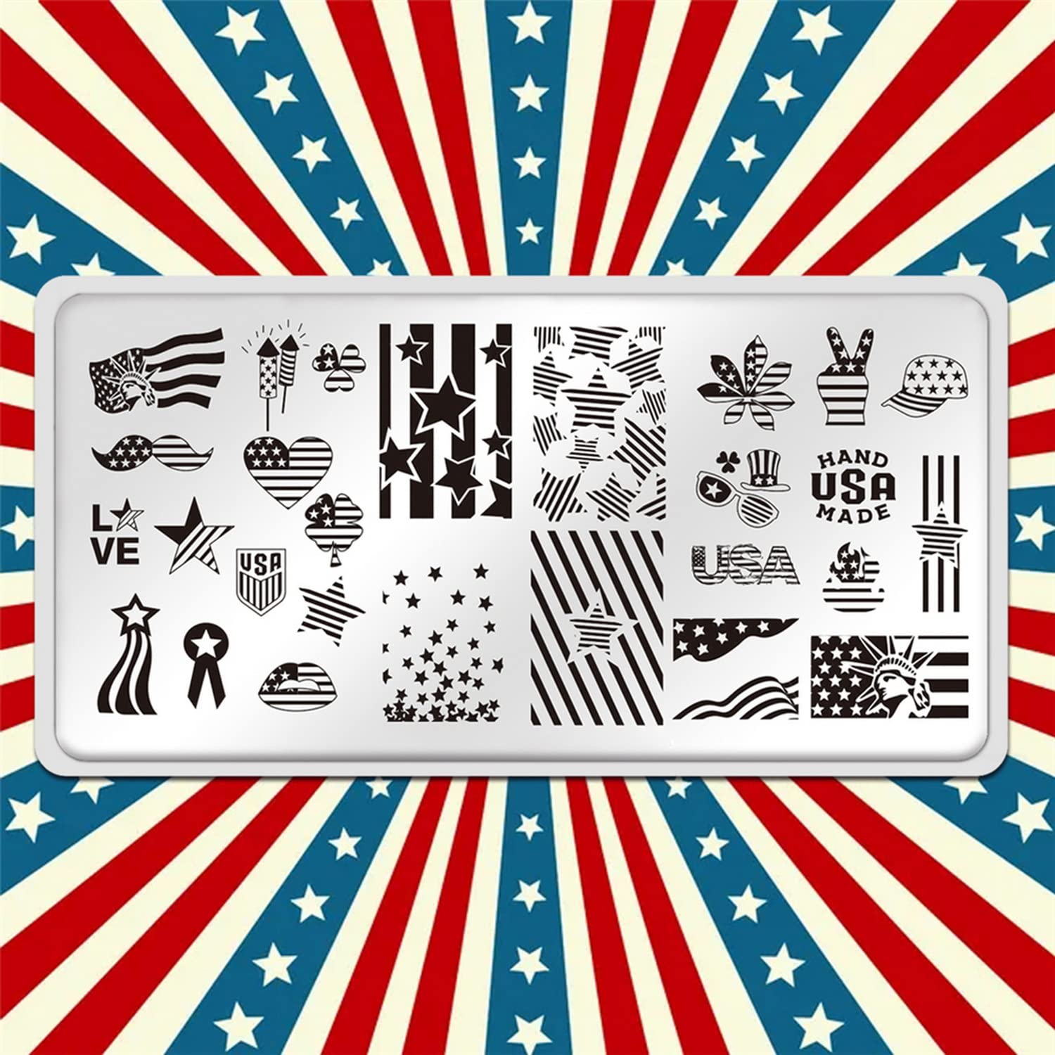 4th of July Nail Art Stamping Plates American Flag Designs Nail Stamp Templates DIY Stainless Steel Star Nail Image Polish Template Manicure Accessories for Women and Girls-Velvo Beauty