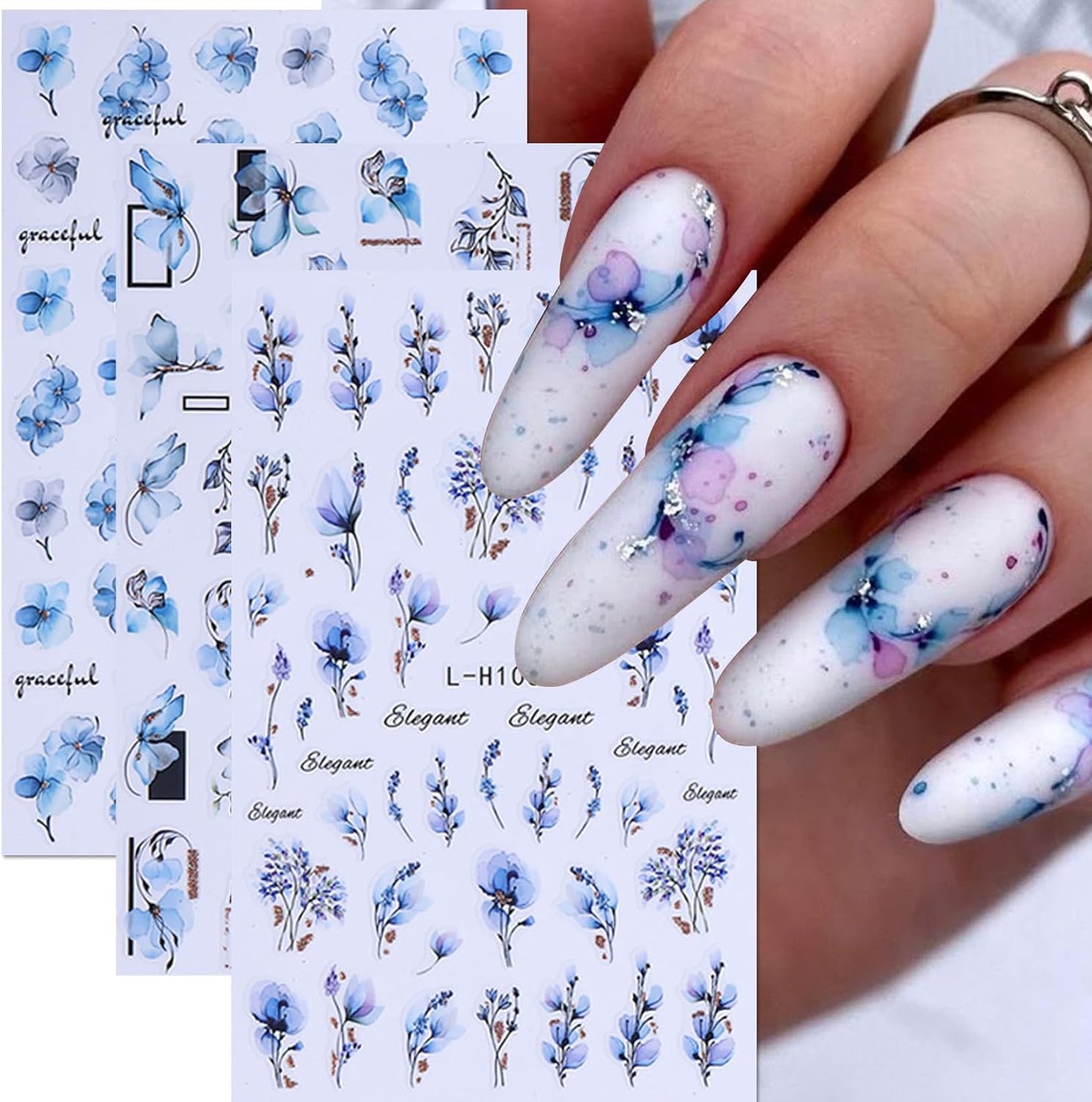Ink Flower Nail Art Stickers 12 Sheets 3D Self-Adhesive Nail Decals with Tweezers Watercolor Floral Leaves Stickers Charming Blossom Flowers Designs Nail Art Supplies Manicure Accessories for Women-Velvo Beauty