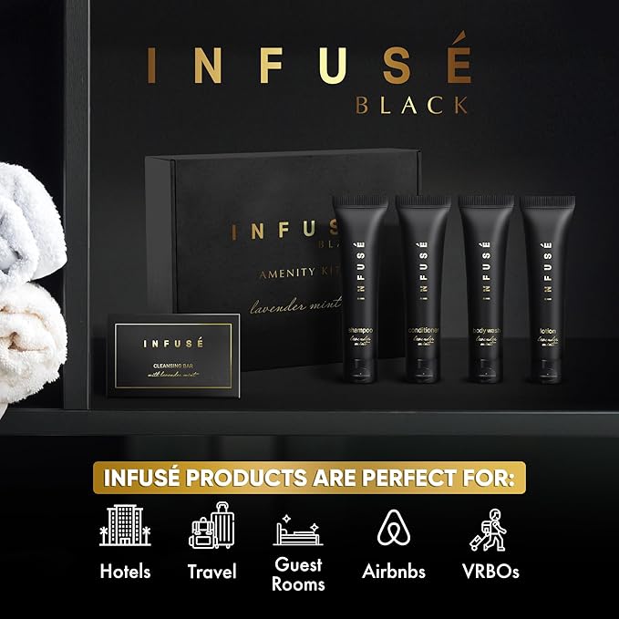 Infuse Black Amenity Kit | Boxed Hotel Toiletries | Bulk Set 1 oz Travel Size Shampoo, Conditioner, Lotion, Body Wash & Cleansing Bar for Guest Hospitality AirBnB/Vacation Rentals | 75 Pieces-Velvo Beauty