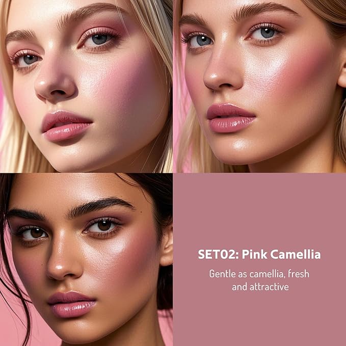 Multi Cream Blush & Blush Brush Set, Korean Makeup Blush for Cheeks, Multi-Use Face Balm, Lightweight & Hydrating, Blendable Color, Non-Greasy, Soft Bristles for Radiant Finish (Pink Camellia)-Velvo Beauty