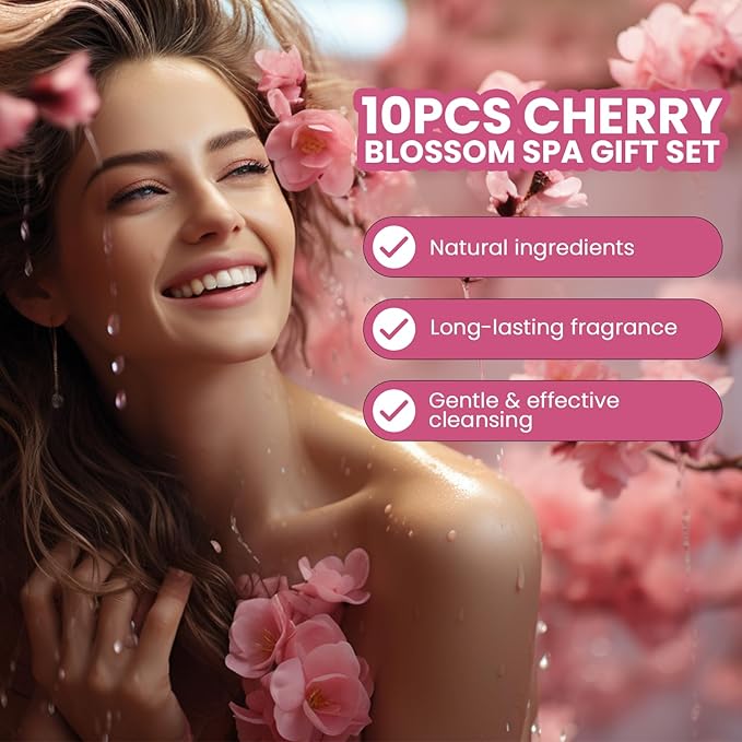 Green Canyon Spa Gift Baskets for Women Cherry Blossom Bath and Body Work Gift Set with Bubble Bath,Body Lotion Spa Gifts for Women Mothers Day Gifts for Mom-Velvo Beauty