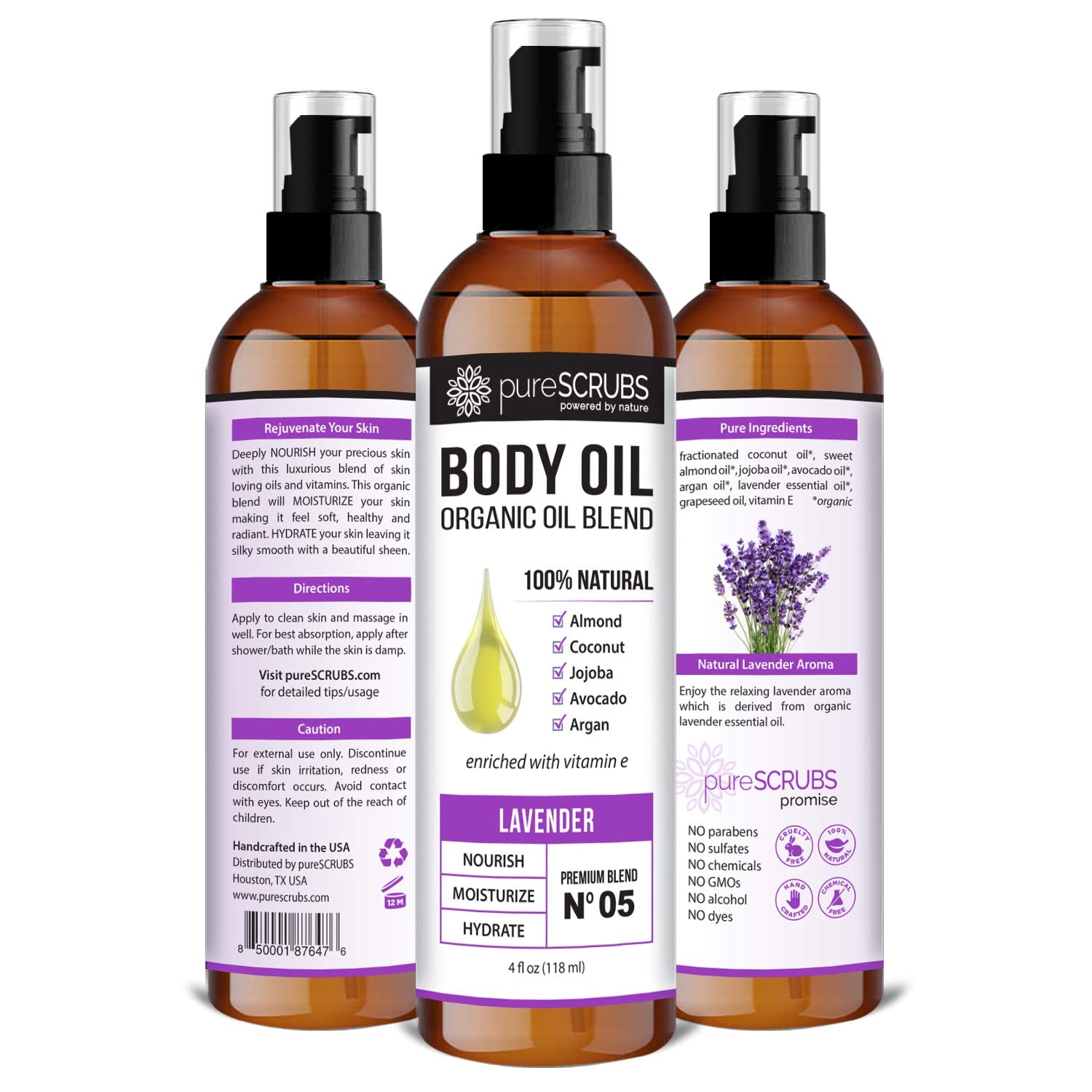 pureSCRUBS Ultra Moisturizing Lavender Body Oil Spray for Dry Skin, Massage, Cuticles & More, Organic Blend of Jojoba, Argan, Coconut, Sweet Almond & Avocado Oils Enriched with Vitamin E, Lg 4oz-Velvo Beauty