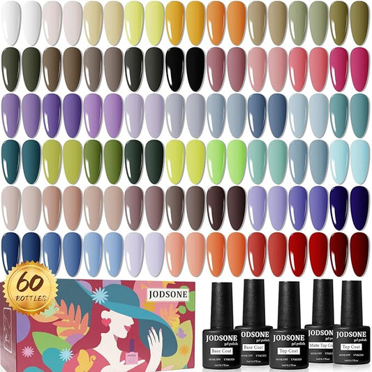 JODSONE 60 PCS Gel Nail Polish Set All Seasons No Wipe Base Coat Matte Glossy Top Coat Nail Gel Polish Kit for Starter Manicure DIY at Home Enjoy Fun-Velvo Beauty