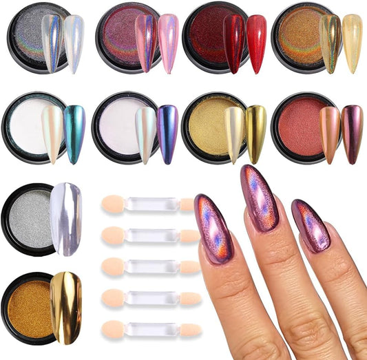 Chameleon Chrome Nail Powder, 10 boxes Pink Purple Aurora Chrome Powder, Gold Silver Holographic Nail Powder, Metallic Mirror Pigment for Nails, Rubbing Dust Manicure Glitter Set-Velvo Beauty