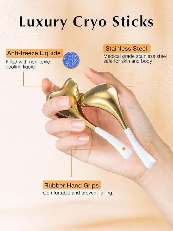 2-in-1 Gua Sha Cryo Sticks, Facial Skin Care Tools for Women Facial Massager, Unbreakable Stainless Steel Esthetician Supplies, Cooling Ice Globes Roller with Carry Case-Velvo Beauty