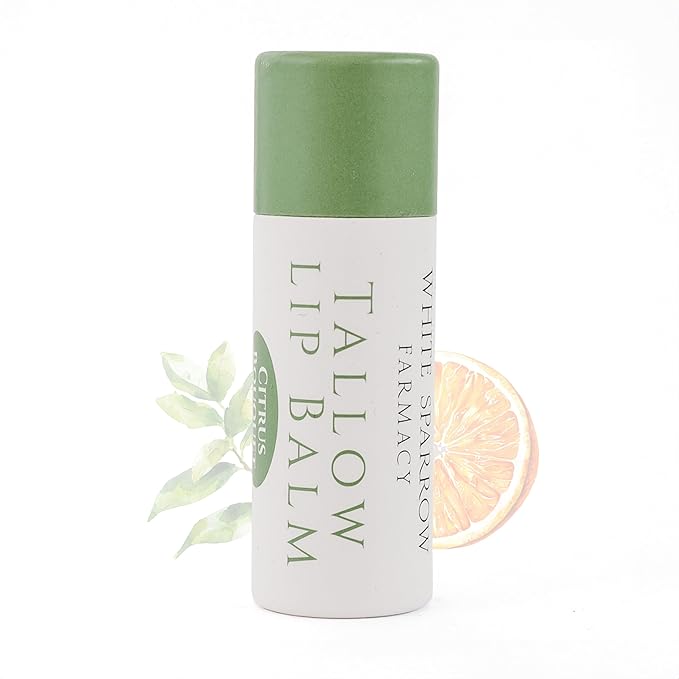 Organic Tallow Lip Balm (Citrus Bouquet) from 100% Grass Fed Cows. Super hydrating with Tallow, Olive Oil, Honey, and Beeswax. Sustainable Cardboard Tubes & Hand Filled. Jumbo Size 0.5 oz.-Velvo Beauty