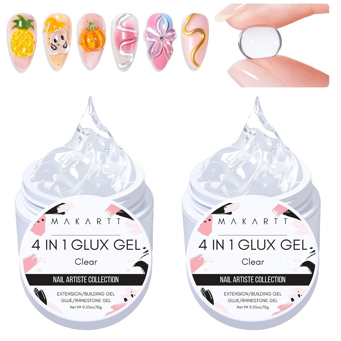 Makartt 3D Gel Nail Art: 4 in 1 Clear Solid Gel Builder for Extension UV Nail Glue for Acrylic Nails Rhinestones 3d Sculpting Gels Hard Gels for Nails UV/LED Nails Lamp Required 15ML 2 Bottles-Velvo Beauty