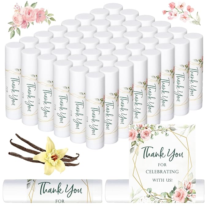 Whaline 60Pcs Thank You Gift Lip Balm Bulk Wedding Lip Balms Vanilla Flavor Floral Moisturizing Lip Care Guest Basket Gift Stuffer for Bridal Shower Baby Shower Birthday Party Favor Supplies-Velvo Beauty
