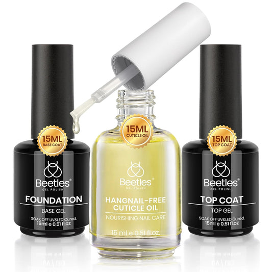 Beetles Gel Top Coat Base Coat Cuticle Oil Set, 3Pcs 15ml No Wipe Top Coat Gel Nail Polish Glossy Shine Long Lasting Cuticle Protectors Kit Oil Care for Dry Damaged Cuticles Gift for Women-Velvo Beauty