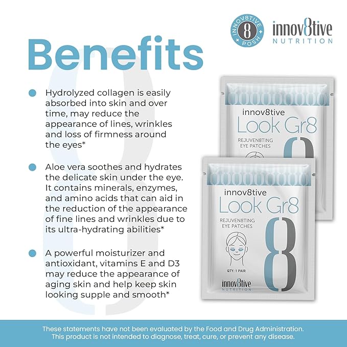 Look Gr8 Eye Patch - Rejuven8ting Eye Patches (Single) for Youthful Radiance! Under Eye Patches for Dark Circles, Puffy Eyes, and Wrinkles. With Collagen, Aloe Vera, and Vitamins D3 & E-Velvo Beauty