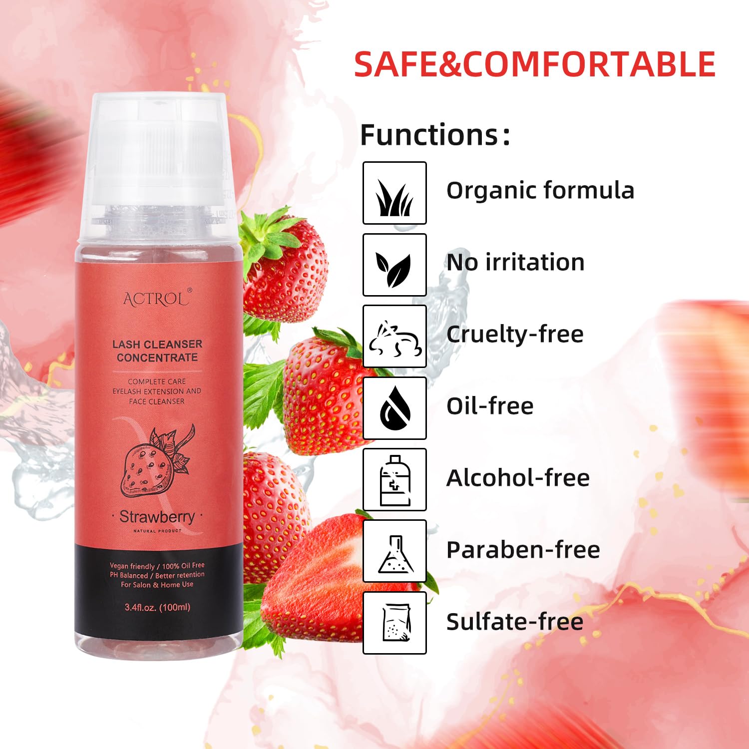 Eyelash Shampoo Concentrate 100ml Lash Extensions Cleanser Concentrate Strawberry Foaming Shampoo Paraben & Sulfate Free Wash for Extensions Lashes with Salon Home Care-Makes 60ml Bottles-Velvo Beauty