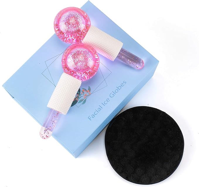 Facial Ice beauty ball- 2PC Globes Pink Facial Roller for Cold or Hot Skin Massagers Globe Durable Quartz Glass for Face and Eye Rollers Reduce Puffiness-Velvo Beauty