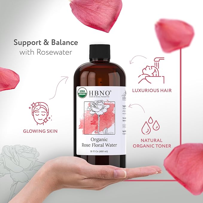 HBNO California Bottled Organic Rose Water for Face Huge 16 fl oz (480ml) Value Size - USDA Certified for Face - Pure Rose Water for Hair - Rosewater for Skincare, Haircare-Velvo Beauty