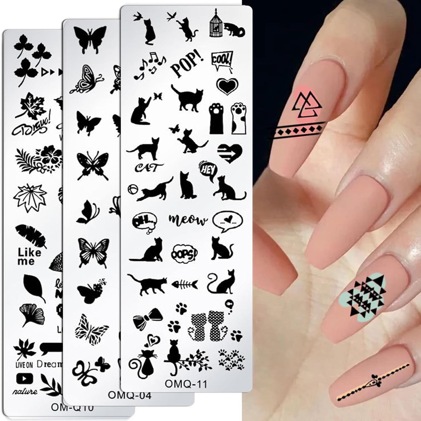 AddFavor Nail Stamper Kit 8pcs Stamping Plates Minimalist Geometric Lines Leaf Image Template for DIY Decorating Polish Gel Plate Print Stamper Manicure Stencils Tools (Mixed-Style D)-Velvo Beauty