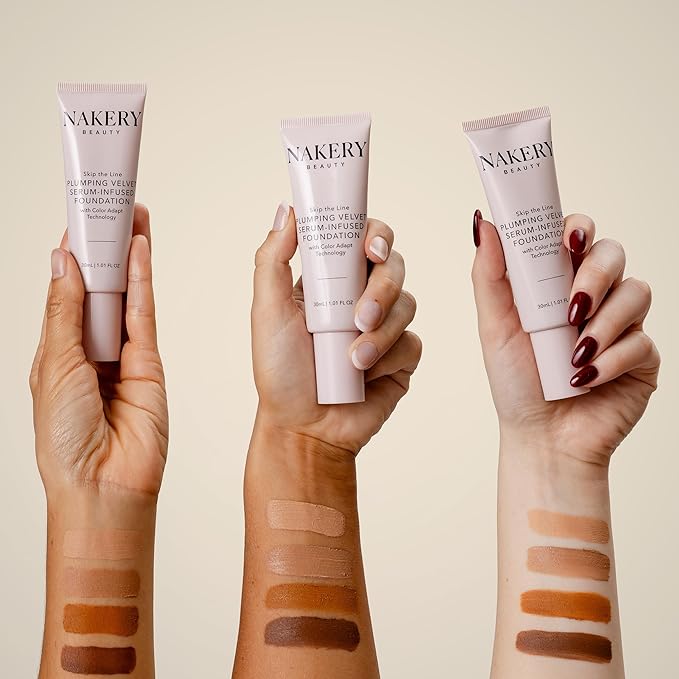 Nakery Skip the Line Full Coverage Foundation for Women - Plumping Velvet Womens Foundation Makeup Matte Finish - Age Defying Foundation - Moisturizing Foundation with Smart Color Adapt - Medium Deep-Velvo Beauty