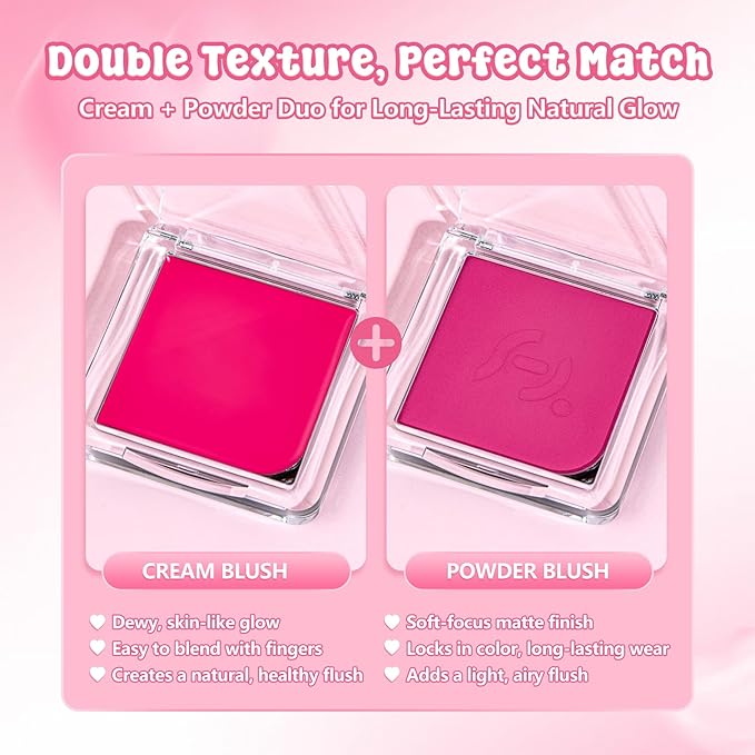 Blush Palette Duo – Cream & Powder Blush Set in Rose Red, Highly Pigmented & Blendable, Long-Wearing & Moisturizing, Skin-Friendly & Magnetic Pan, for Cheeks, Eyes & Lips (2Pack,Berry Bliss)-Velvo Beauty