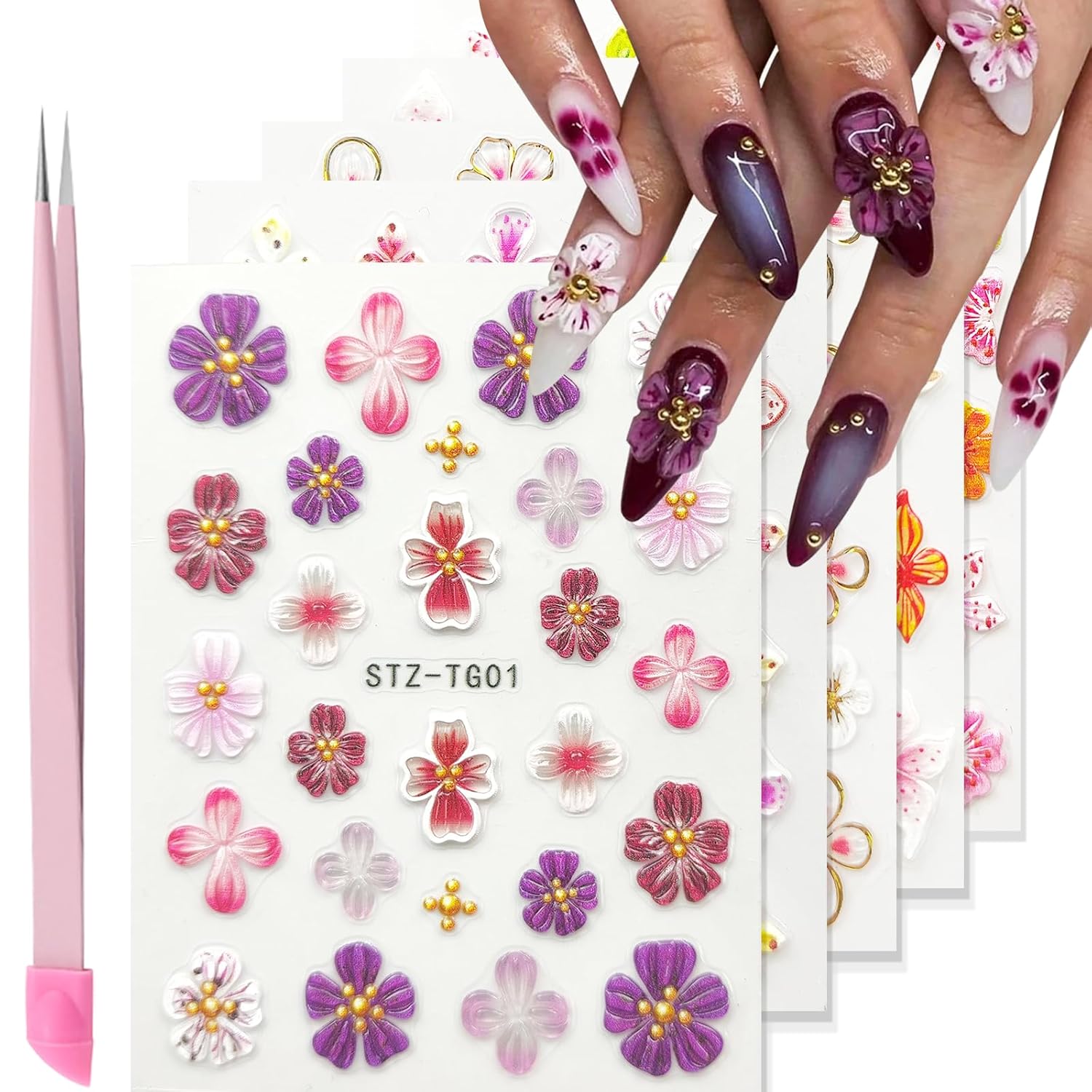 Flower Nail Art Stickers Decals 5D Embossed Nail Decals Spring Summer Pink Purple Nails Design Self-Adhesive Supplies Accessories 3D Flower for Women Nails DIY Decoration(5 Sheets)-Velvo Beauty