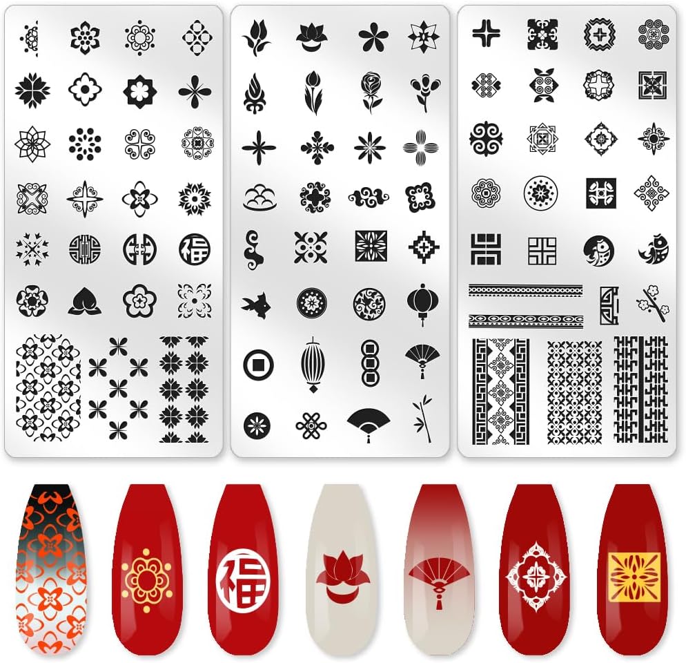 3Pcs Chinese Style Nail Stamping Plate Set Lucky Words Lanterns Bamboo Steel Nail Stamp Templates Clear Silicone Nails Stamping with Stamper Scraper for Manicure Printing-Velvo Beauty