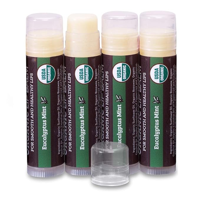 USDA Organic Lip Balm 4-Pack by Earth's Daughter - Eucalyptus Mint Flavor, Beeswax, Coconut Oil, Vitamin E - Best Lip Repair Chapstick for Dry Cracked Lips.-Velvo Beauty