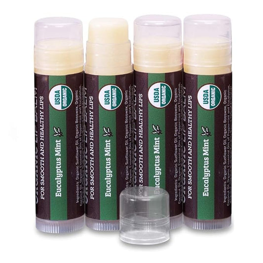 USDA Organic Lip Balm 4-Pack by Earth's Daughter - Eucalyptus Mint Flavor, Beeswax, Coconut Oil, Vitamin E - Best Lip Repair Chapstick for Dry Cracked Lips.-Velvo Beauty