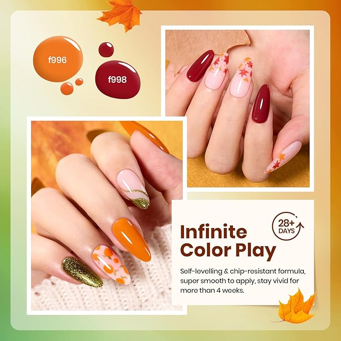 Beetles Fall Gel Nail Polish Set, 6Pcs Yellow Orange Burgundy Red Green Gel Polish Golden Glitter Nails Kit Autumn Realm Collection DIY Nail Art Gifts for Women-Velvo Beauty