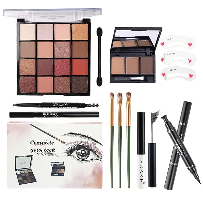 All in One Makeup Kit For Girls - 16 Colors Naked Eyeshadow Palette, 3Pcs Makeup Brushes, Waterproof Eyeliner Pencil, Eyebrow Powder,Eyebrow Pencil,Mascara, Women and Beginners Teens Makeup Gift Set-Velvo Beauty