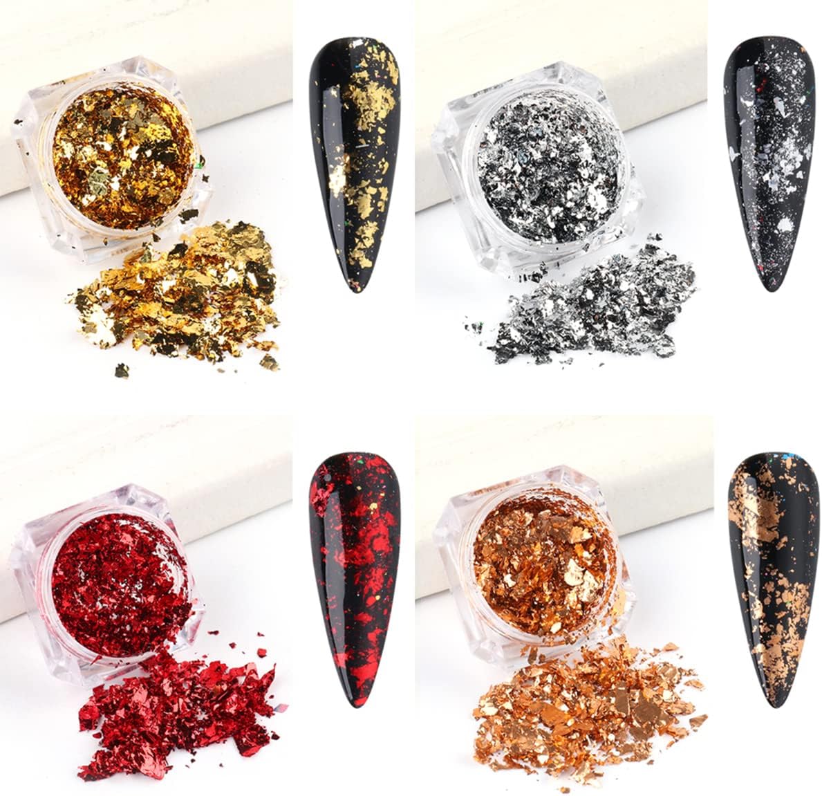 Holographic Glitter Nail Foil Flakes 3D Sparkly Aluminum Foil Sequins Nail Art Supplies Rose Gold Red Silver Glitter Foils Flake Mirror Powder Nail Designs for Acrylic Nail Art Decoration (4Boxes)-Velvo Beauty
