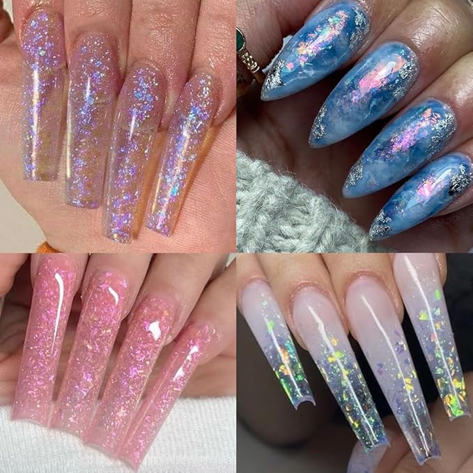 24Grid Aurora Opal Iridescent Nails Mermaid Flake Powder,Holographic Metal Color Gold Silver Confetti Nail Art Foil Paillettes,Irregular Glitter Sparkly Sequin Design for Manicure Decoration-Velvo Beauty