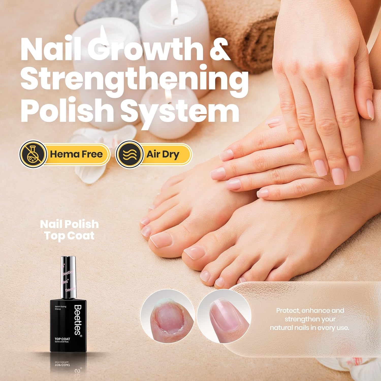 Beetles 2 in 1 Base & Top Coat Nail Polish, Clear Nail Polish Fast Drying & Natural Nail Strengthen, Glossy Effect for Nail DIY Salon at Home Gifts for Women-Velvo Beauty