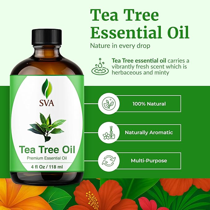 SVA Tea Tree Essential Oil – 4 Fl Oz – 100% Natural Tea Tree Oil - for Diffuser, Hair Care, Face, Skin Care, Aromatherapy, Scalp and Body Massage, Soap and Candle Making – with Dropper-Velvo Beauty