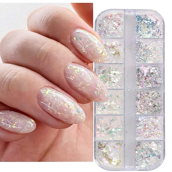 Holographic Iridescent Nail Art Nail Glitter KALEFUL Powder Aurora Foil Sequins Flakes Paillettes Designs Manicure Nail Decorations - 12 Grids-Velvo Beauty
