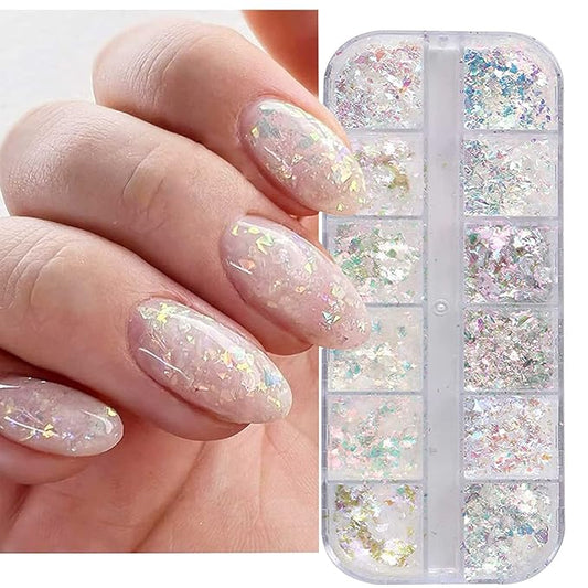 Holographic Iridescent Nail Art Nail Glitter KALEFUL Powder Aurora Foil Sequins Flakes Paillettes Designs Manicure Nail Decorations - 12 Grids-Velvo Beauty