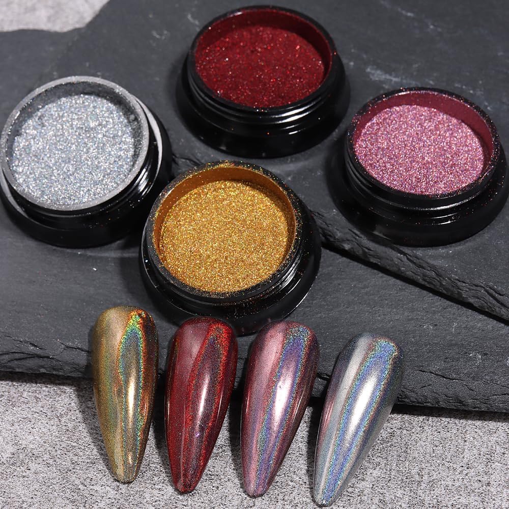 10Pcs Chrome Nail Powder Set, Holographic Unicorn Laser Nail Powder, Aurora Mermaid Iridescent Chameleon Mirror Effect Pigment Glitter Dust for Salon Home Nail Art DIY Decorations-Velvo Beauty