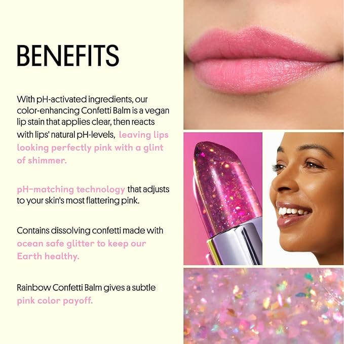 Winky Lux Glitter Confetti Balm, pH Lip Balm, pH Color Changing Lipstick and Tinted Lip Balm, Vegan & Cruelty Free Lip Balm, Hydrate & Plump, Sheer Pink Lipstick, Rainbow Confetti-Velvo Beauty
