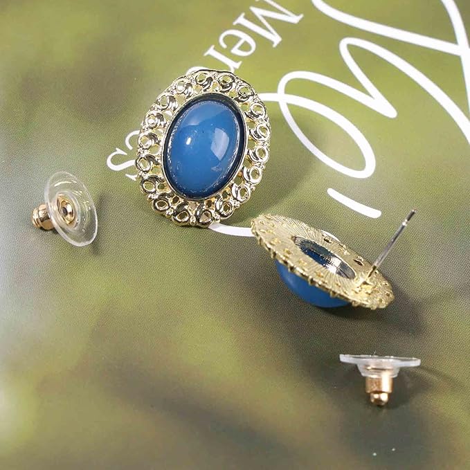 Vintage Oval Blue Gem Earrings Blue Lapis Earrings Antique Halo Oval Earrings Custom Oval Studs Earrings Jewelry for Women and Girls Gifts-Velvo Beauty