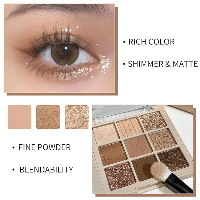 Erinde 9 Colors Eyeshadow Palette, Matte Shimmer Glitter Eye Shadow Makeup Palette, Highly Pigmented Long Lasting Waterproof, Natural Neutral Nude Eyeshadow Makeup Pallet, Cashmere-Velvo Beauty