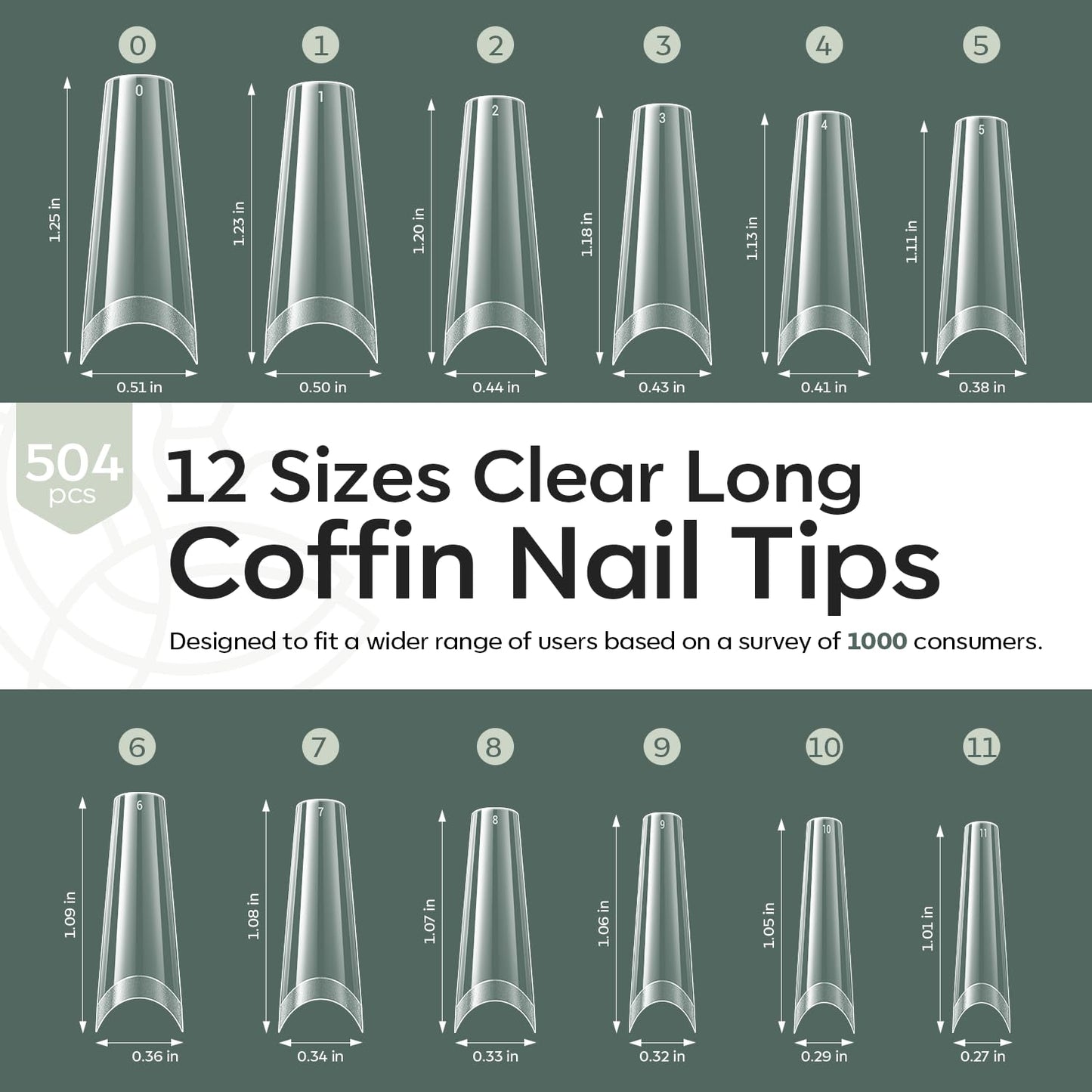 modelones Long Coffin French Nail Tips, 504 PCS No C Curve Pre-shaped Clear Acrylic Fake Nails Tips Gel Half Cover 12 Sizes with Box-Velvo Beauty