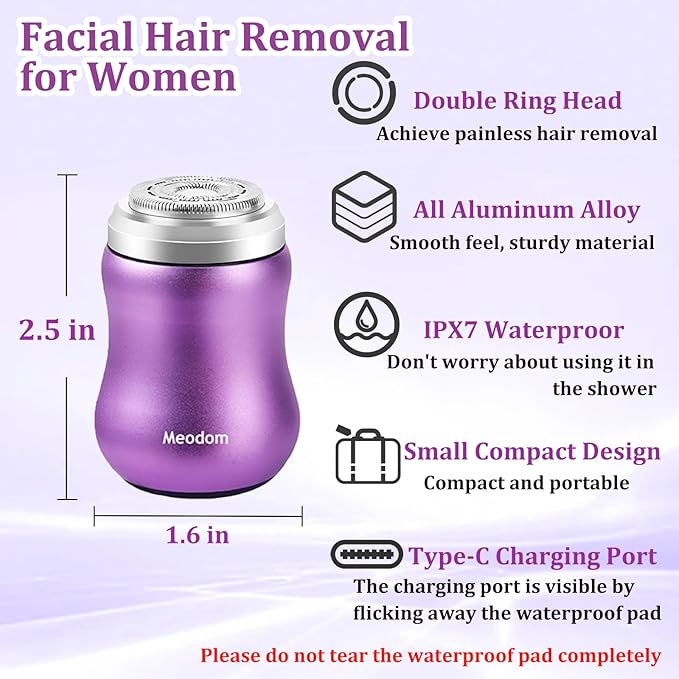 Facial Hair Removal for Women, Painless Womens Epilator Hair Remover with Waterproof USB Rechargeable, Cordless Electric Razor/Shaver for Bikini,Upper Lip,Arm,Legs,Peach Fuzz (Purple)-Velvo Beauty