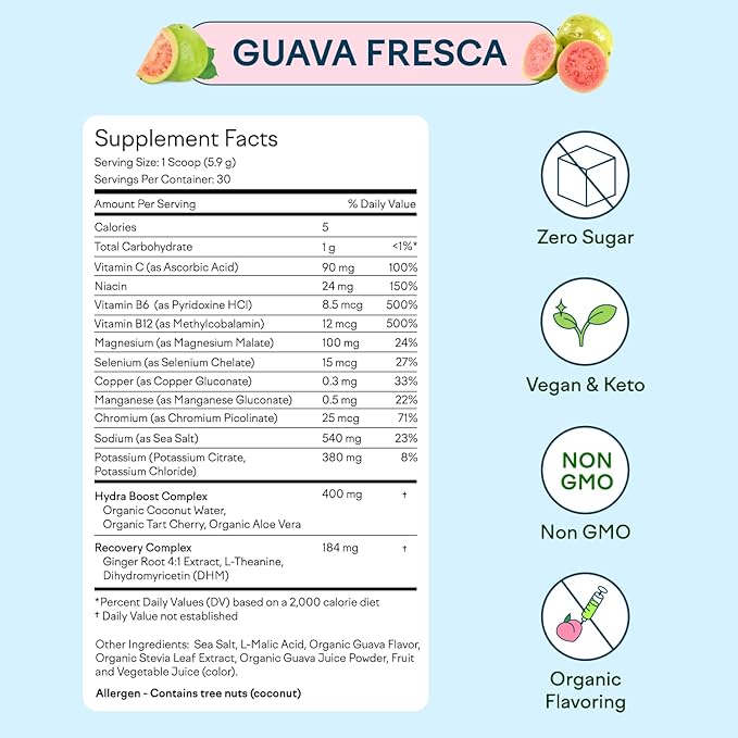 Feel Goods Hydration Hero, 1,000mg Electrolytes Powder, Sugar Free, Magnesium, Organic Aloe Vera, Organic Aloe, L Theanine, Vitamin C & B12, Non GMO, Keto, Vegan | Guava Fresca, 30 Servings-Velvo Beauty