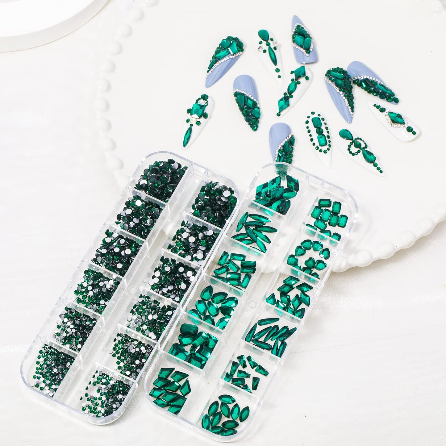 HNUIX Nail Rhinestones - 3D Multi Shape Size, Emerald Green Nail Gems, Flat Back, with Kit, for Nail Art, DIY Decorations-Velvo Beauty