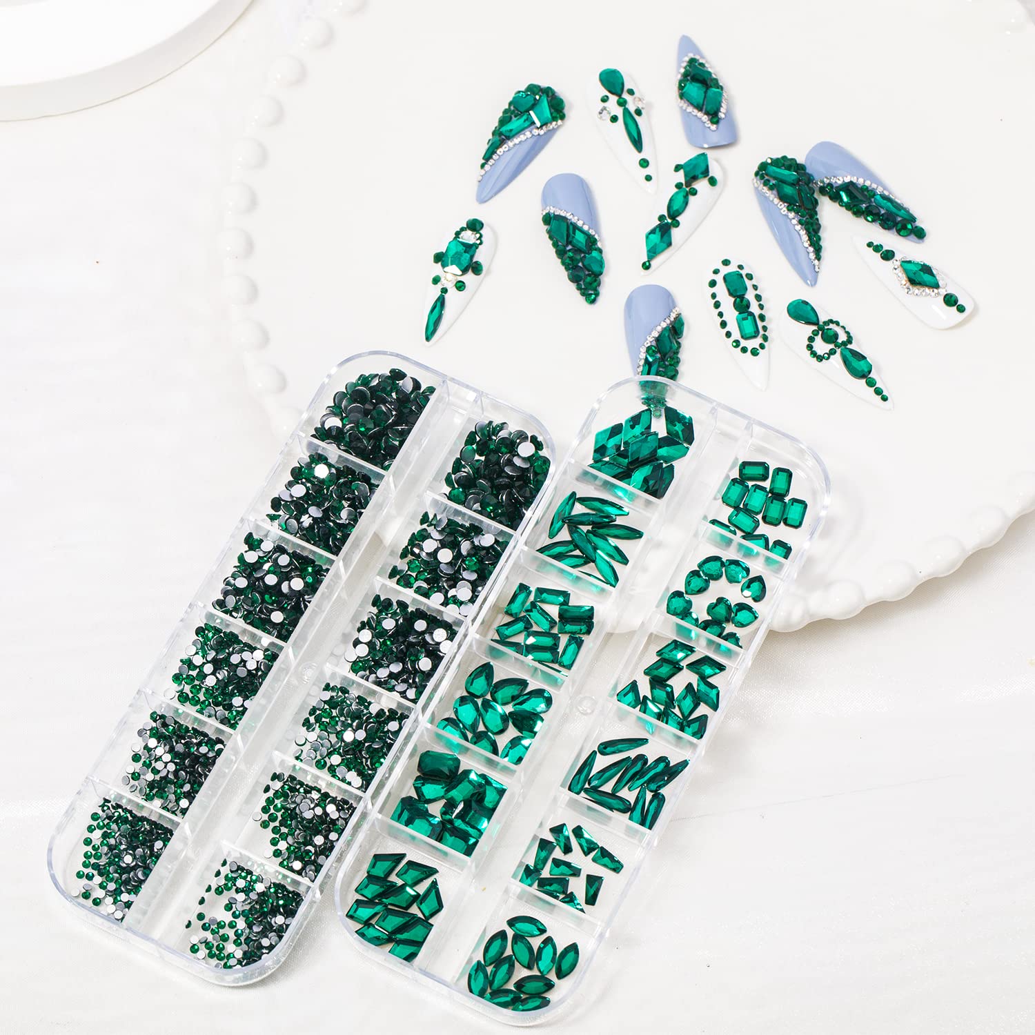 HNUIX Nail Rhinestones - 3D Multi Shape Size, Emerald Green Nail Gems, Flat Back, with Kit, for Nail Art, DIY Decorations-Velvo Beauty