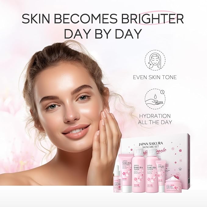 Skin Care Set JAPAN SAKURA Women Beauty Gift Sets Skin Care Kit with Cleanser, Toner, Lotion, Serum, Eye Cream, Face Cream Travel Kit for Women Teen Girls Mom Daughter TSA-friendly Sizes 6pcs-Velvo Beauty